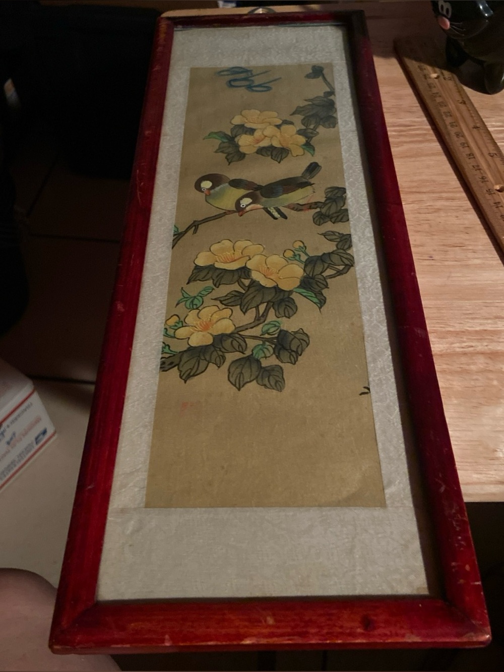Vintage Japanese Hand Colored Framed Painting on Cloth 5.5" X 16"